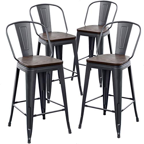 Aklaus Metal Bar Stools Set of 4,26 inch Barstools Counter Height Bar Stools with Backs Farmhouse Bar Stools with Larger seat High Back Kitchen Dining Chairs Modern Bar Chairs Matte Black Stool