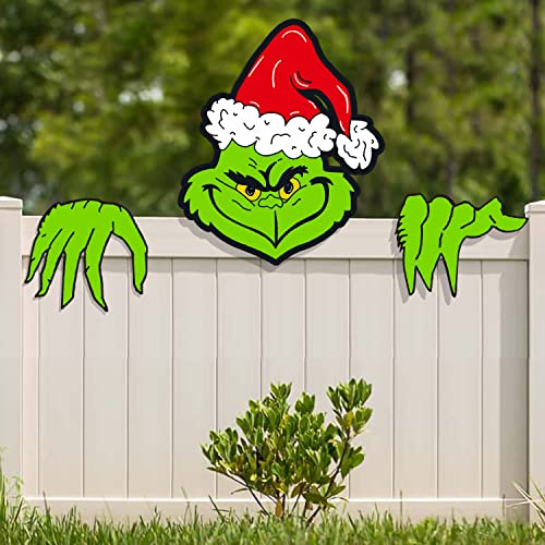 Christmas Decorations Outdoor - Fence Yard Sign with Hand Head for Holiday Christmas Fence Peeker Decorations