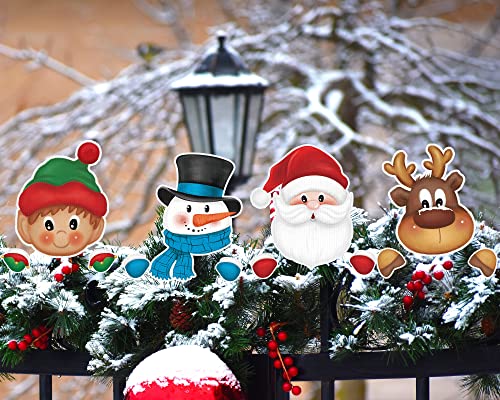 Queekay 4 Sets Christmas Outdoor Decorations, Christmas Fence Peeker Decoration Santa Claus Elk Elf Peeking Garden Fence Sign for Christmas Indoor Outdoor Home Party Supply