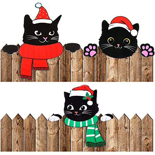 3 Pcs Christmas Outdoor Fence Peek Black Cat Fence Peeker Yard Decoration Peeking Outdoor Christmas Decorations Xmas DIY Cute Fence Yard Sign with Hand Sign for Holiday Garden Wall Patio Home Decor