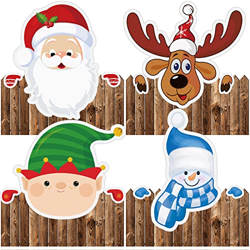 4 Pieces Christmas Fence Peeker Decoration Santa Claus Elk Peeking Yard Decorations Xmas DIY Snowman Elf Outdoor Sign for Garden Wall Decor