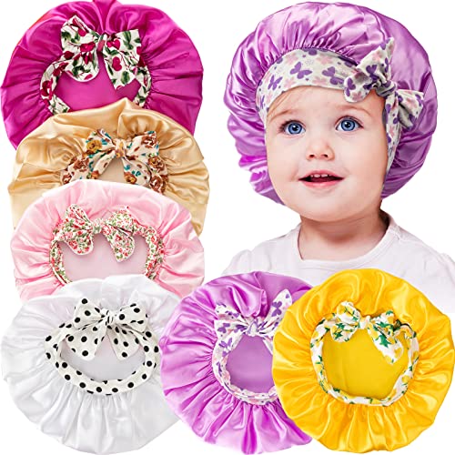 6 Pieces Kids Bonnets for Girls Toddler Bonnet Kids Sleeping Cap Elastic Silky Bow Tie Satin Hair Bonnet for Sleeping Toddler Adjustable Sleep Bonnets with Tie Band for Teens Baby() Multicolor