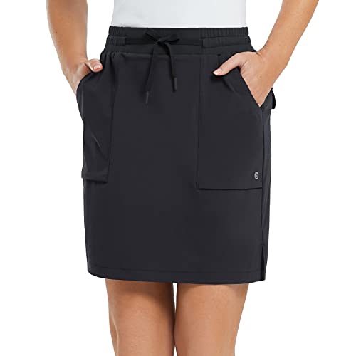 BALEAF Women's Golf Skort 18" Knee Length Skirt with Biker Shorts Pockets Stretch Elastic Waist for Tennis Hiking Black Size L