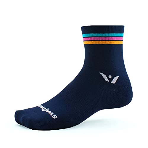 Swiftwick ASPIRE FOUR Trail Running, Cycling Crew Socks, Compression Fit (Navy Stripe, Large)