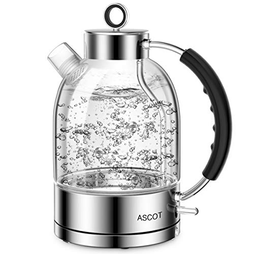 ASCOT Electric Kettle, Glass Electric Tea Kettle Gifts for Men/Women/Family 1.6L 1500W Borosilicate Glass Tea Heater, with Auto Shut-Off and Boil-Dry Protection (Silver)