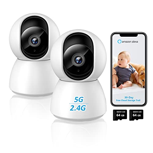 2k 5GHz & 2.4GHz Security Camera Indoor Wireless Compatible with Alexa & Google Home pet Dog Home Baby Camera with Phone app Baby Monitor WiFi Smartphone (2Pcs 64GB SD)