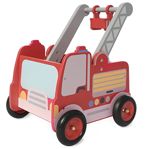 Red Fire Truck Wooden Baby Push Walker - 2-in-1 Toddler Push & Pull Toys Learning Walker Stroller Walker with Wheels for Baby Girls Boys 1-3 Years Old