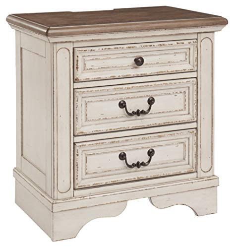 Signature Design by Ashley Realyn French Country 3 Drawer Nightstand with Electrical Outlets & USB Ports, Chipped White