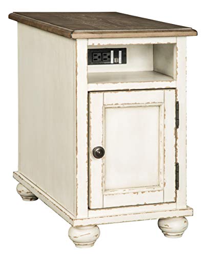 Signature Design by Ashley Realyn French Country Chair Side End Table with Outlets & USB Ports, Cream