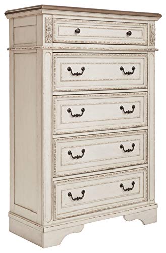 Signature Design by Ashley Realyn French Country Two Tone 5 Drawer Chest of Drawers, 18.25"D x 40.25"W x 58.25"H, Chipped White