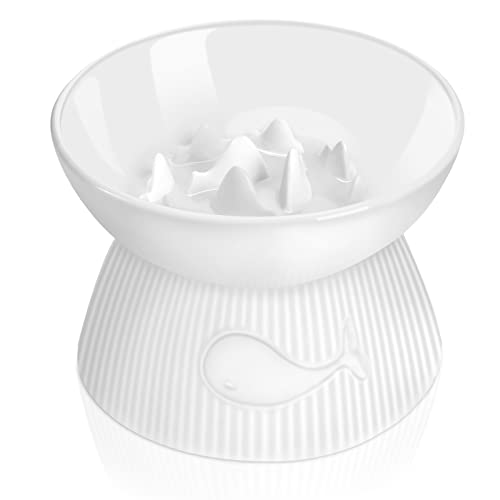 Kopmath Raised Cat Slow Feeder, Ceramic Slow Feeder Cat Bowl, Upgraded Ridges to Prevent Vomiting and Indigestion, No Spill High Edge for Dry / Wet Food, Heavy and Stable, Easy to Clean Pet Bowls
