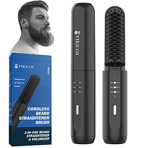 VIKICON Beard Straightening Heat Brush for Men: Cordless Beard and Hair Straightener Hot Comb, Mini & Anti-Scald & Auto Shut Off,Portable for Travel,Unique Gifts for Men