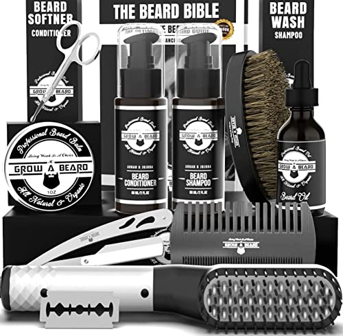 Beard Straightener Grooming Kit for Men, Beard Growth Kit, Beard Wash, Brush & Comb, Unscented Growth Oil, All Natural Chanel Balm, Conditioner, Razor & Scissors, Great Gift