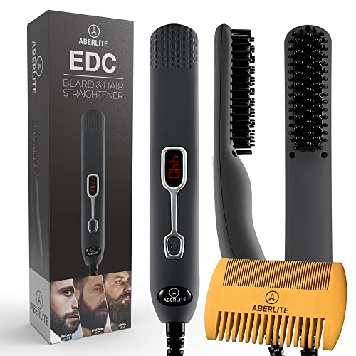Aberlite EDC - Premium Beard Straightener Brush for Men - Professional Straightening Tool Heated Comb - Beard Kits for Men - Beard Kits Gift Sets Men - Beard Grooming Kit for Men Gift Set (Grey)