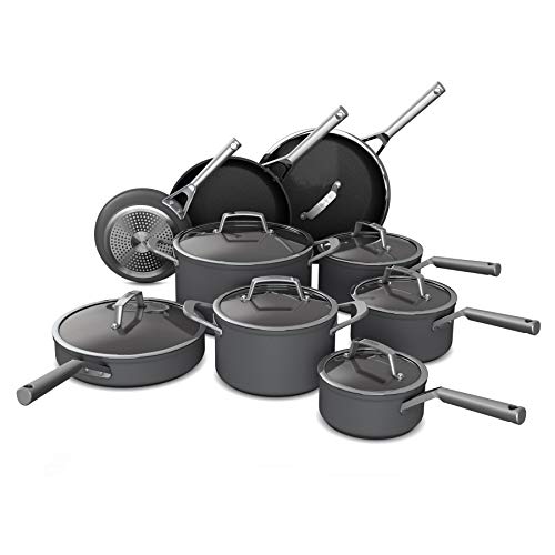 Ninja C39900 Foodi NeverStick Premium 16-Piece Cookware Set, Hard-Anodized, Nonstick, Durable & Oven Safe to 500F, Slate Grey