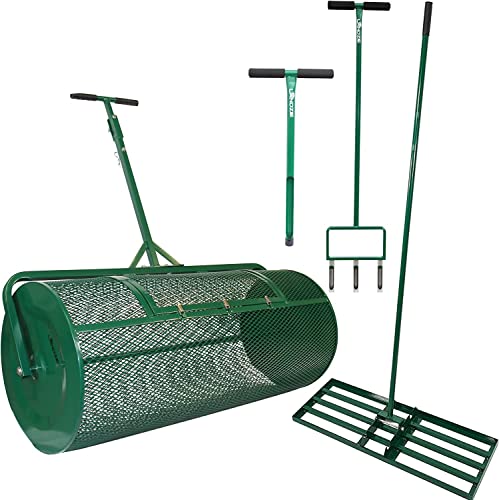 Landzie 4-Step Compost and Peat Moss Spreader Lawn Care System - Set Includes 44" Lawn and Garden Spreader with Soil Sample Probe, Hollow Tine Fork Aerator, and Landzie & Ryan Knorr Lawn Level Rake