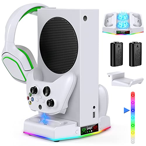Cooling Stand & Charging Station for Xbox Series S with RGB Light Strip,Dual Charger of Controllers and Cooler Fan for XSS Console Accessories with 2*1400mAH Rechargeable Battery Pack,1*Headphone Hook