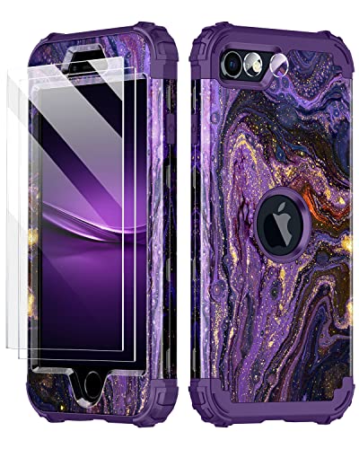 Miqala for iPhone SE 2022/2020 Case with 2 Tempered Glass Screen Protector+ 2 Camera Lens Protector,Glow in The Dark Three Layer Shockproof Protective Case for iPhone SE(3rd Gen/2nd Gen),Deep Purple