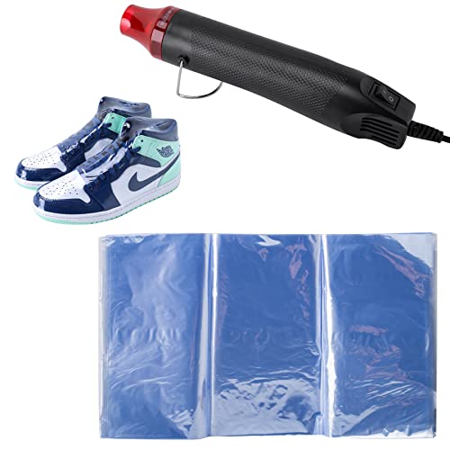 Shrink Wrap Bags Kit with 18x 11 Inches Shoe Heat Shrink Wrap Bags x 50 Pcs, Mini Heat Gun x 1 for Shoe Books Storage Avoid Sole Yellowing and Keep Dust Away