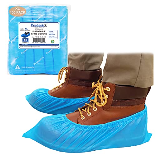 ProtectX Disposable Shoe & Boot Covers, XL Extra Large, 100-pack (50 pairs), Waterproof, Slip Resistant, Durable CPE plastic, Fits up to Mens 14 US Size and All Womens US Size Shoes