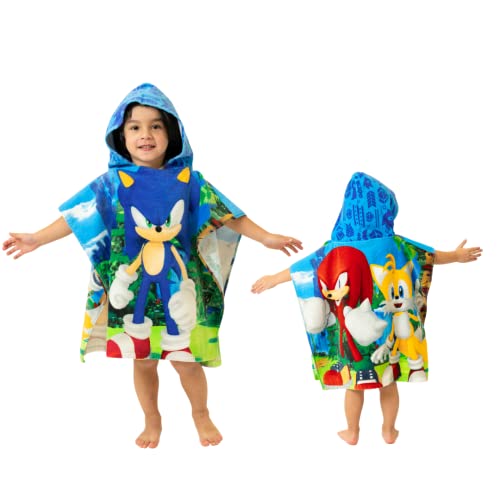 Franco Sonic Anime Kids Beach/Pool/Bath/Camping Hooded Towel Poncho 24" X 22", Absorbent Cotton Cover up, (Official Licensed Sega Product)