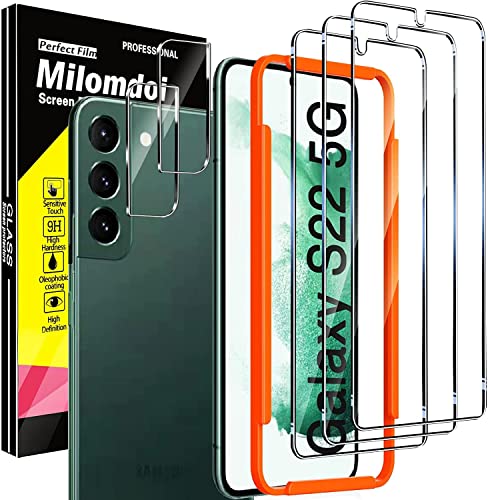 Milomdoi Designed for Samsung Galaxy S22 5G Screen Protector, 3 Pack Tempered Glass with 2 Pack Camera Lens Protector, Fingerprint Compatible, Installation Frame, Case Friendly, Bubble Free, 5 Pack