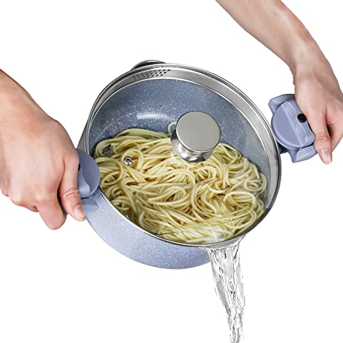 ROSSETTO Multipurpose Pasta Pot with Strainer Lid, 5 Quart Aluminum Stock Pot Spaghetti Pot, Ceramic Coating, PFOA free, Tempered Glass Lid and Twist-Lock Handle Dishwasher Safe, Blue