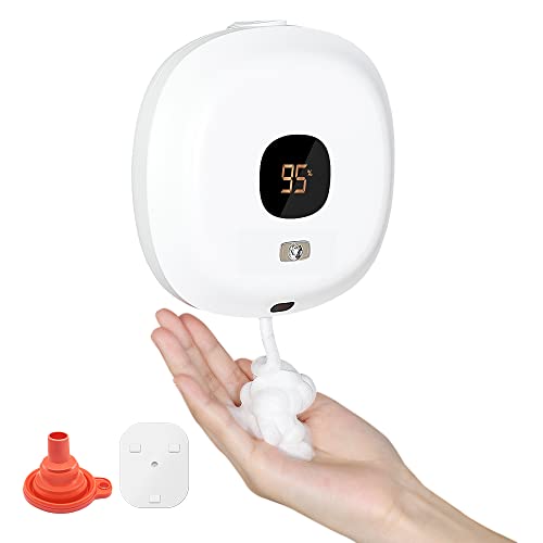 Automatic Soap Dispenser Wall Mounted Foaming Soap Dispenser with Clock Temp.and Humidity Dispenser for Bathroom Hotel Restaurant Mall (Pear White)
