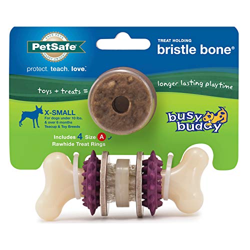 PetSafe Busy Buddy Bristle Bone - Treat-Holding Toy for Dogs - Treat Rings Included - Treats Thoroughly Mixed During Bake to Prevent Choking - Rigorously Tested Ingredients - Purple, Extra Small