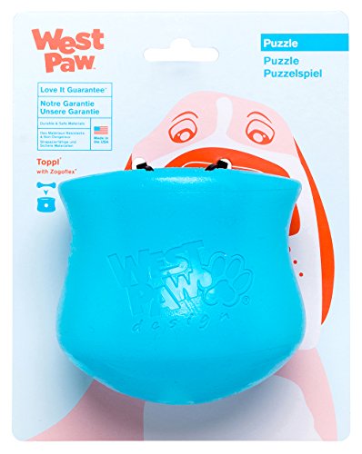 WEST PAW Zogoflex Toppl Treat Dispensing Dog Toy Puzzle  Interactive Chew Toys for Dogs  Dog Toy for Moderate Chewers, Fetch, Catch  Holds Kibble, Treats, Large 4", Aqua Blue