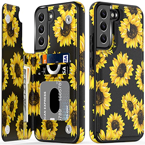 LETO Galaxy S22+ Plus Case,Flip Folio Leather Wallet Case Cover with Fashion Flower Designs for Girls Women,with Card Slots Phone Case for Samsung Galaxy S22 Plus 6.6" Blooming Sunflowers