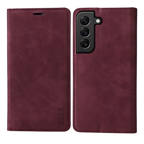 ZZXX Samsung Galaxy S22 Plus Case Wallet with [RFID Blocking] Card Slot Photo Fram Kickstand Magnetic Soft Leather Flip Fold Case for Samsung Galaxy S22 Plus Wallet Case(Wine Red-6.6 inch)