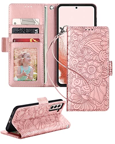 Petocase for Samsung Galaxy S22 Plus Wallet Case,Embossed Mandala Floral Leather Folio Flip Wristlet Shockproof Protective ID Credit Card Slots Holder Cover for Samsung Galaxy S22 Plus Rose Gold