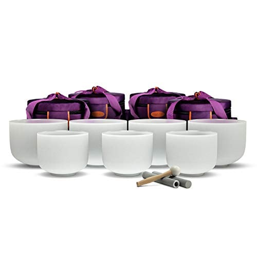 TOPFUND 432 Hz Chakra Set of 7 Crystal Singing Bowls 8-10 inch with Heavy Duty Carrying Cases and Singing Bowl Rubber Mallet and Suede Striker