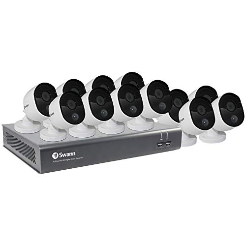 Swann Home Security Camera System, 16 Channel 12 Bullet Cameras, 1080p HD, Indoor/Outdoor Wired Surveillance DVR, 1TB Hard Drive, Night Vision, Heat Motion Detection, SWDVK-1645812V