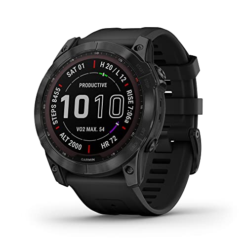 Garmin fenix 7X Sapphire Solar, Larger sized adventure smartwatch, with Solar Charging Capabilities, rugged outdoor watch with GPS, touchscreen, wellness features, black DLC titanium with black band