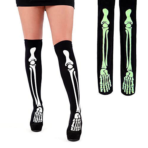 Spooktacular Creations Skeleton Thigh Glow in The Dark Knee high SocksHalloween Bones Skeleton Print Stockings, Overknee for Cosplay Party & Halloween & Carnival