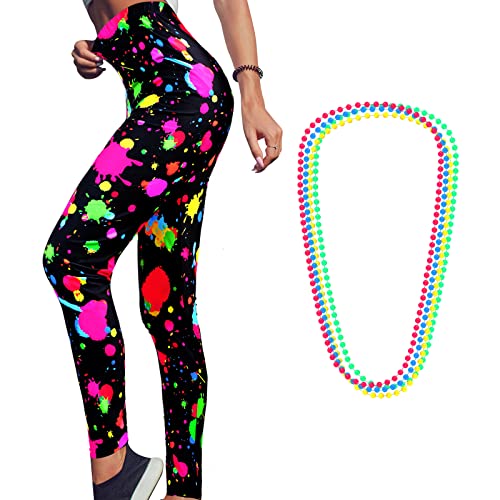 Neon High Waisted Women's Artistic Printed 80s Leggings Women's Yoga Running Soft Pants with 4 Pieces Neon Necklace (Small)