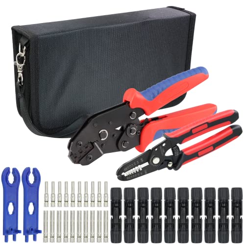Gazoe Solar PV Panel Crimping Tool Kit with Crimper Stripper and 10 Pairs Solar Connectors and 1Pair Solar Connector Spanner Wrench, MC4 Crimper Tool works for AWG14-10,2.5/4/6mm