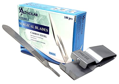 100 Sterile Carbon Steel Blades #11 with Free Scalpel Handle #3 and Blade Remover