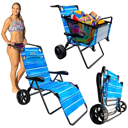 Beach Cart Chair  2 in 1 Turns from Beach Cart to Beach Chair  Large Wheels  Easy to Use  Large Capacity  Blue Striped Color