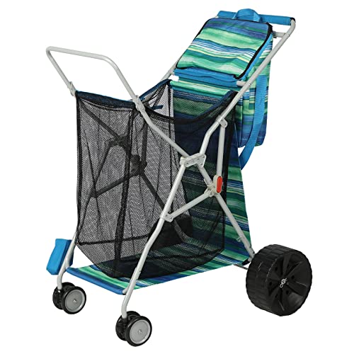Old Bahama Bay Beach Cart with Big Wheels for Sand, Folding All Terrain Wheels Beach Wagon with Cooler Bag Umbrella Holder, Big Mesh Storage Capacity for Outdoor Camping, Supports 100lbs, Blue/Green