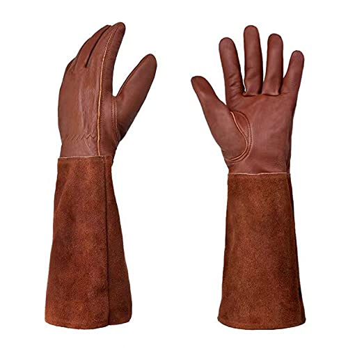 KINDE Gardening Gloves - Thorn Proof Cowhide Leather Rose/Blackberry Pruning Long Forearm Protection Gauntlet, Work Garden Gloves(BROWN, Large)