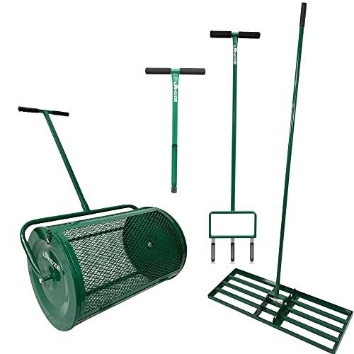 Landzie 4-Step Compost and Peat Moss Spreader Lawn Care System - Set Includes 24" Lawn and Garden Spreader with Soil Sample Probe, Hollow Tine Fork Aerator, and Landzie & Ryan Knorr Lawn Level Rake