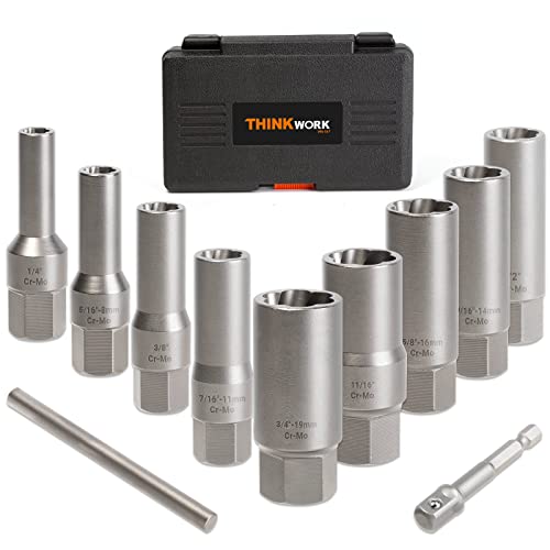 THINKWORK Bolt Extractor Set for Deep Well Bolt, 11 Pcs Impact Bolt & Nut Remover Set, Lug Nut Remover, Extraction Socket Set for Stud, Damaged, Frozen, Rusted, Rounded-Off Bolts, Nuts & Screws