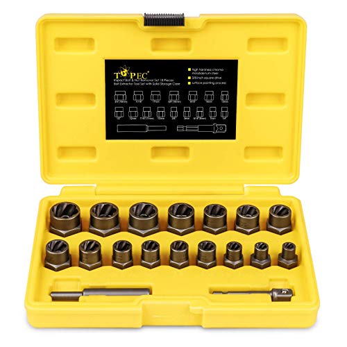 Topec 18-Piece Stripped Nut Remover, 3/8 Drive Impact Extractor Set, Damaged Bolt Nut Remover with Hex Adapter, Perfect Tool Kit for Removing Stripped, Damaged, Rounded off and Rusted Bolts & Nuts