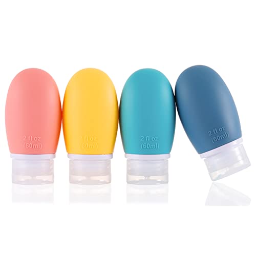 Leak Proof Silicone Travel Bottles,4 Pack 2oz Liquid Squeezable Refillable Portable Travel Accessories/Cosmetic Containers,BPA Free,Travel Size Bottles for Toiletries Shampoo Conditioner Lotion