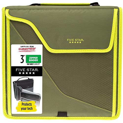 Five Star Zipper Binder, 3 Inch 3-Ring Binder with Removable Padded Case and Expanding File, 700 Sheet Capacity, Includes Multi-Use Strap, Olive/Citrus (292960C)