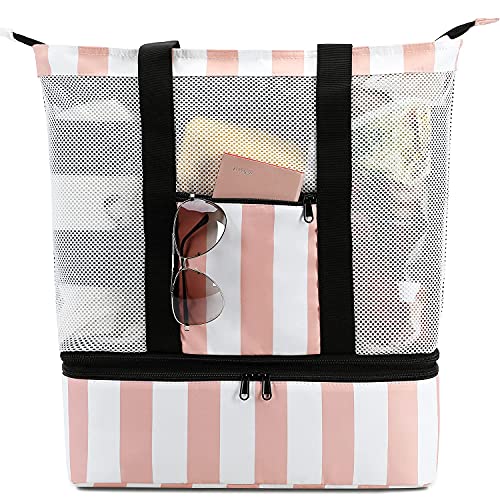 Bluboon Mesh Beach Bag with Cooler Sections Pool Bag for Women Detachable Insulated Picnic Bag and Solid Zipper Closure Travel Tote Shoulder Bag (Light Pink)