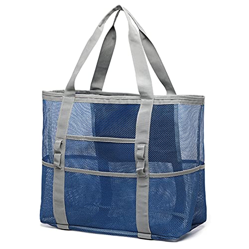F-color Mesh Beach Bag, Oversized Beach Tote Bag for Women with 9 Pockets, Blue
